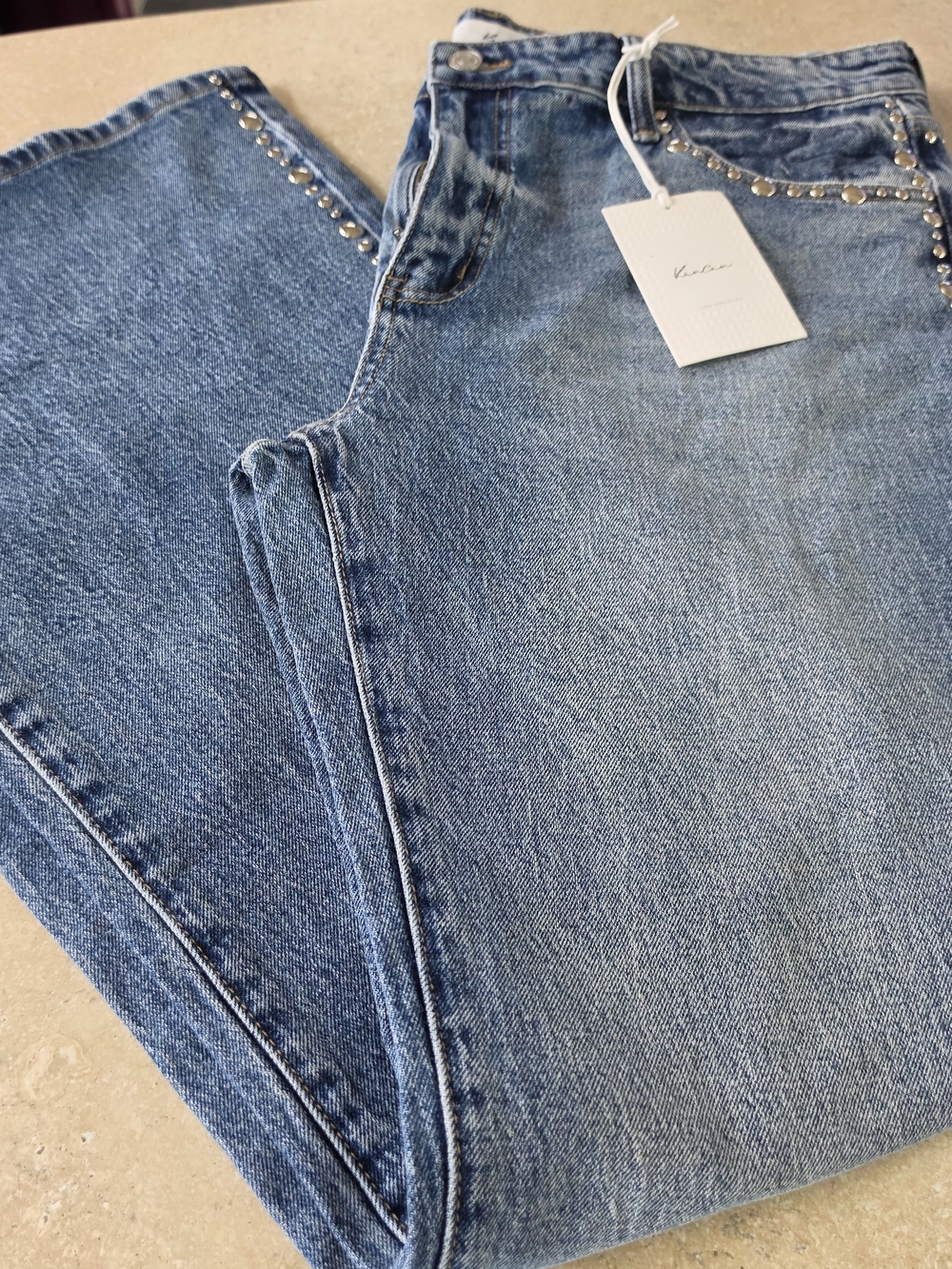 KanCan Medium Blue Straight Leg Jeans with Stud Accents